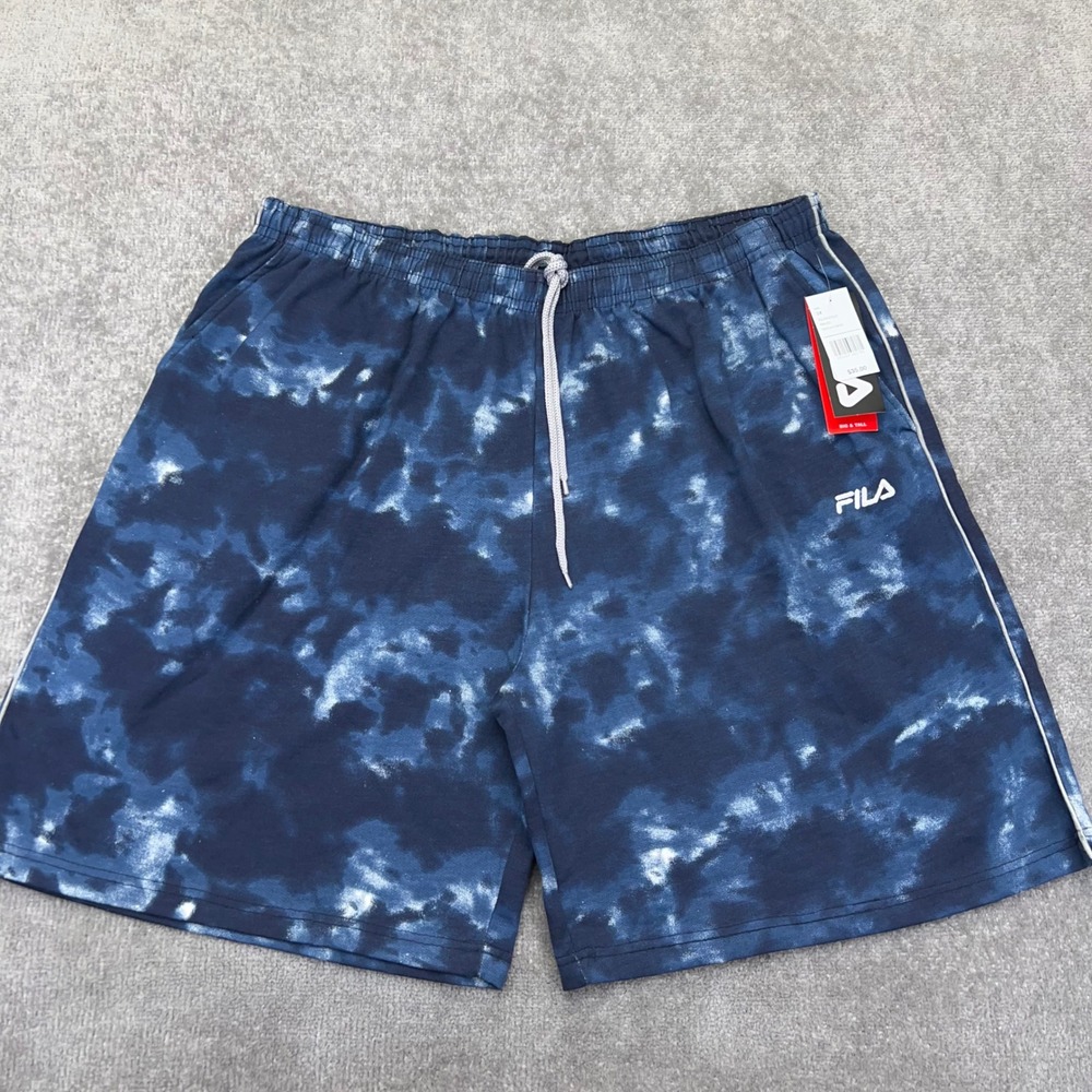 FILA Men's 3XL Shorts Big & Tall 9" Inseam Athletic Gym Cotton Blue Tie Dye NEW